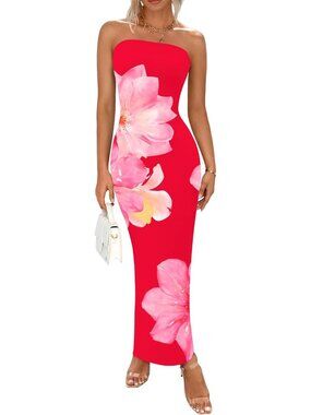 Women's Red Pink Floral Summer Strapless Maxi Dress Formal Tube Mesh Dress